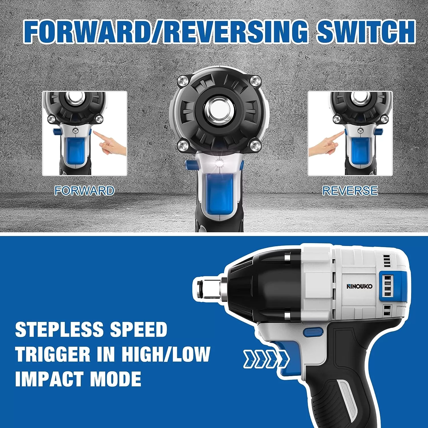 NINOUKO Cordless Impact Wrench 1/2 inch, 20V Electric Impact Gun