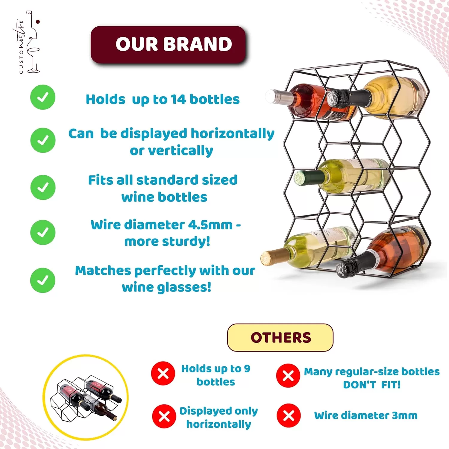 Gusto Nostro Countertop Wine Rack - 14 Bottle Freestanding Modern Black Metal Small