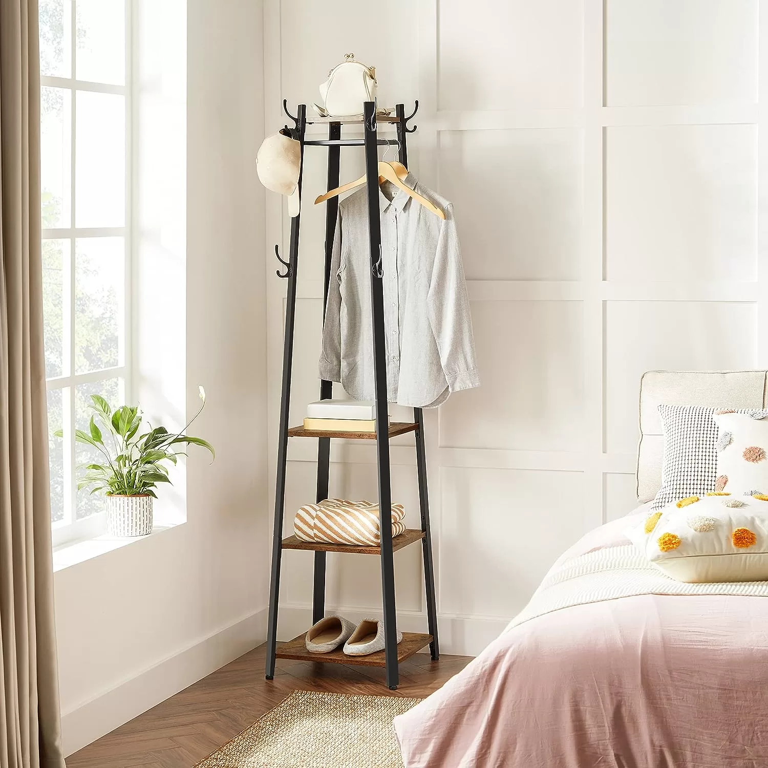 VASAGLE ALINRU Coat Rack with 3 Shelves, Stand with Hooks