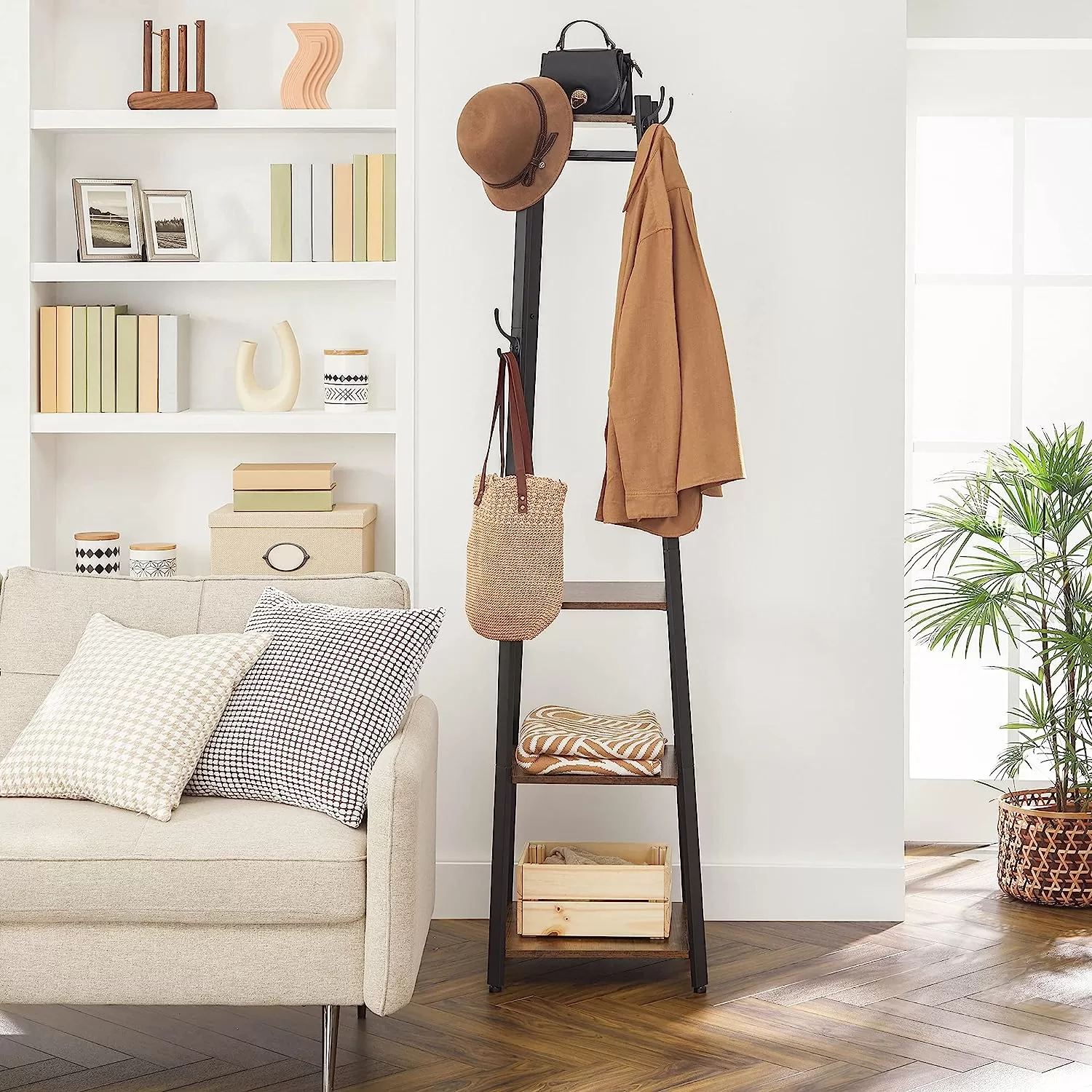VASAGLE ALINRU Coat Rack with 3 Shelves, Stand with Hooks