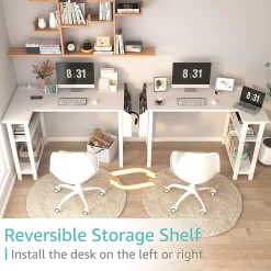 Lufeiya White L Shaped Computer Desk with Power Outlet Shelves, White