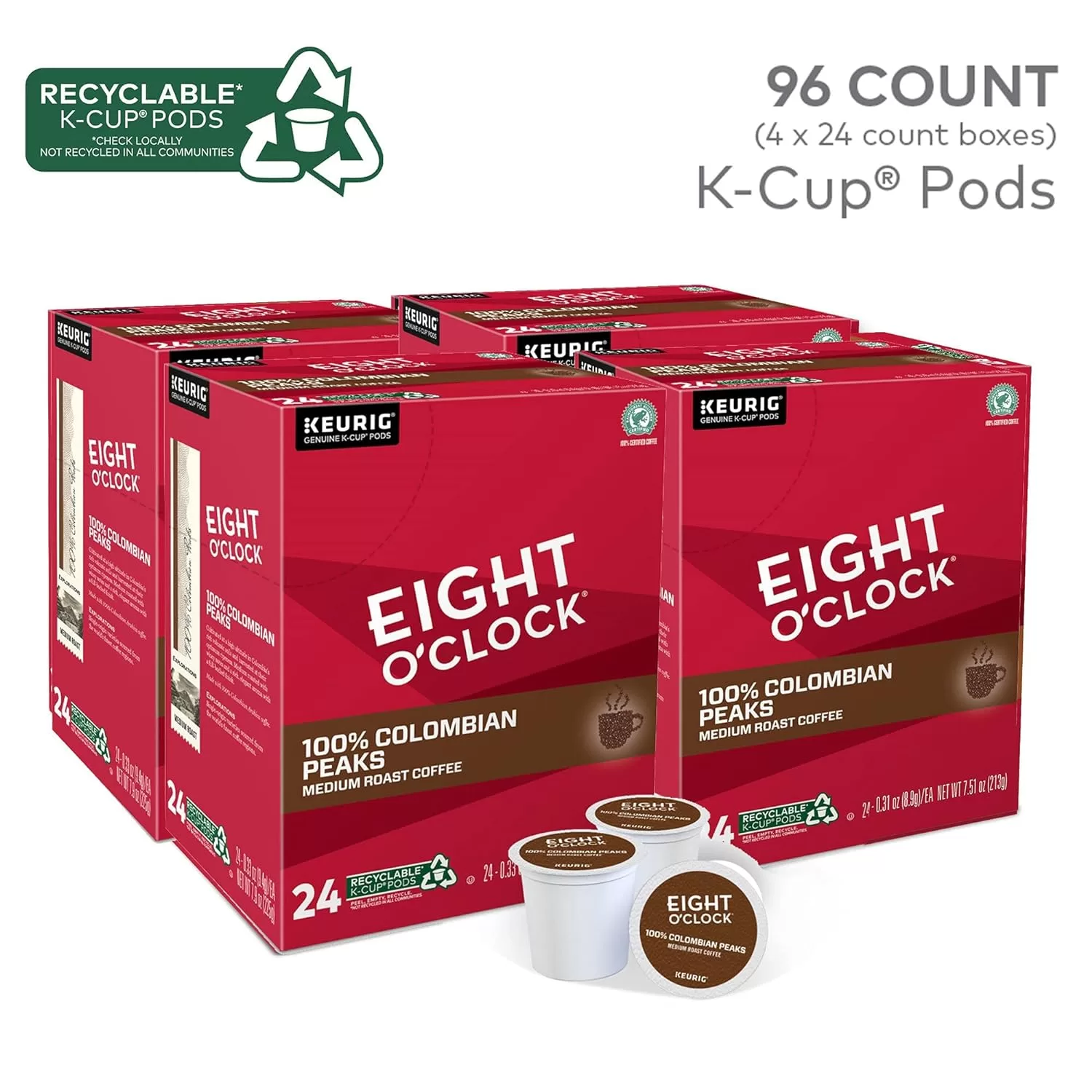 Eight O'Clock Coffee Colombian Peaks Single-Serve Keurig K-Cup Pods, Medium Roast Coffee Pods, 24 Count (Pack of 4)
