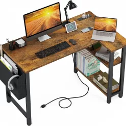 Lufeiya Small L Shaped Desk with Power Outlet Shelves, 40 Inch Corner Desk for Small Space Home Office, Rustic Brown