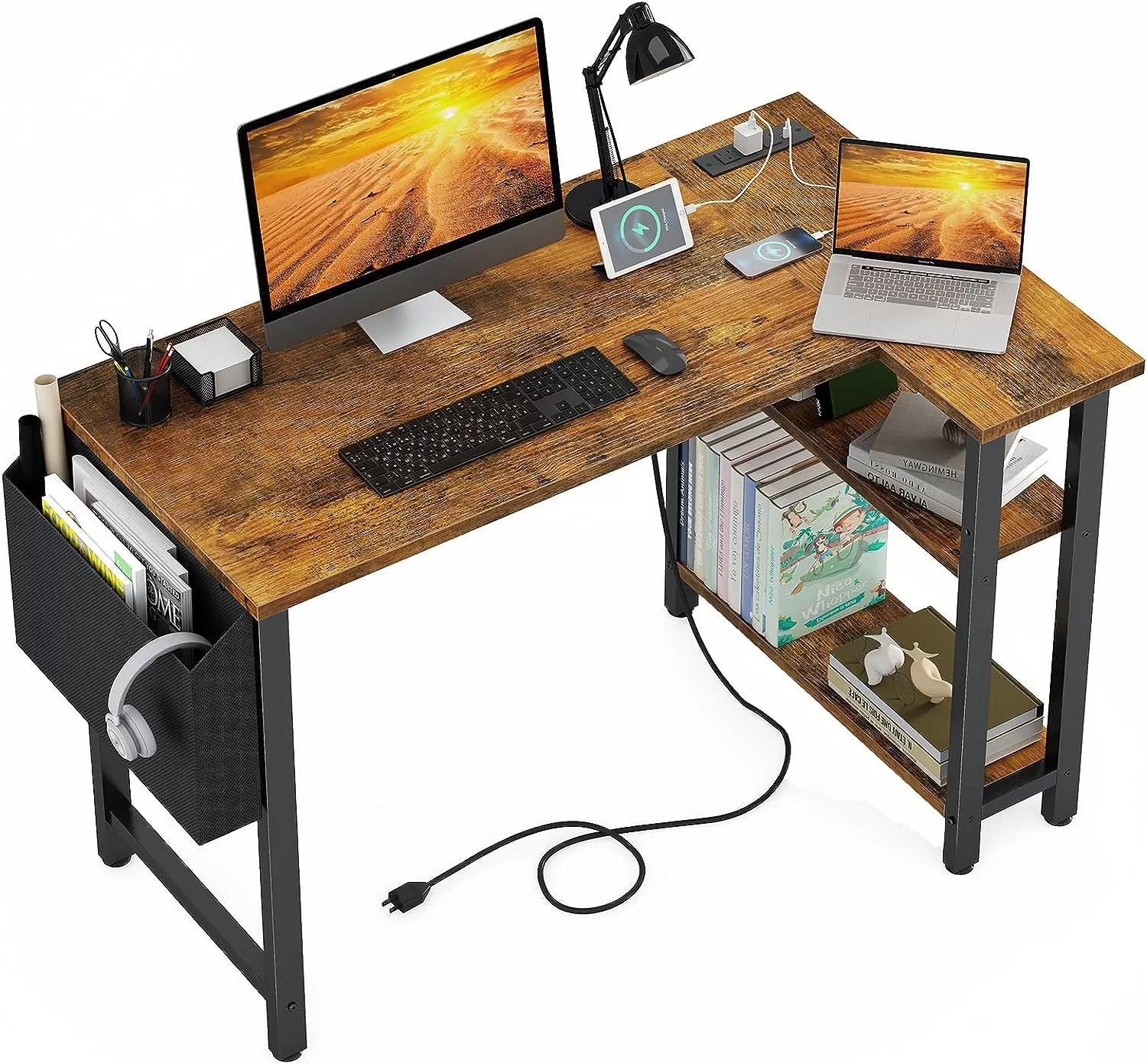 Lufeiya Small L Shaped Desk with Power Outlet Shelves, 40 Inch Corner Desk for Small Space Home Office, Rustic Brown