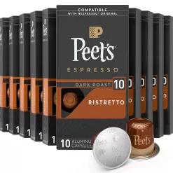 Peet's Coffee, Dark Roast Espresso Pods Compatible, Ristretto Intensity 10, 100 Count (10 Boxes of 10 Espresso Capsules)