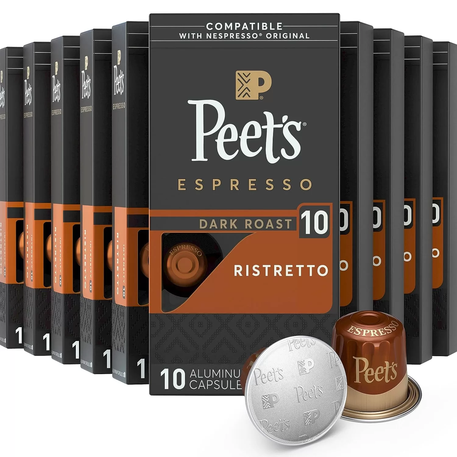 Peet's Coffee, Dark Roast Espresso Pods Compatible, Ristretto Intensity 10, 100 Count (10 Boxes of 10 Espresso Capsules)