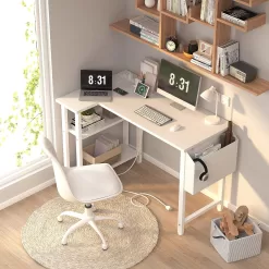 Lufeiya White L Shaped Computer Desk with Power Outlet Shelves, White