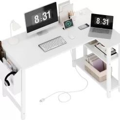 Lufeiya White L Shaped Computer Desk with Power Outlet Shelves, White