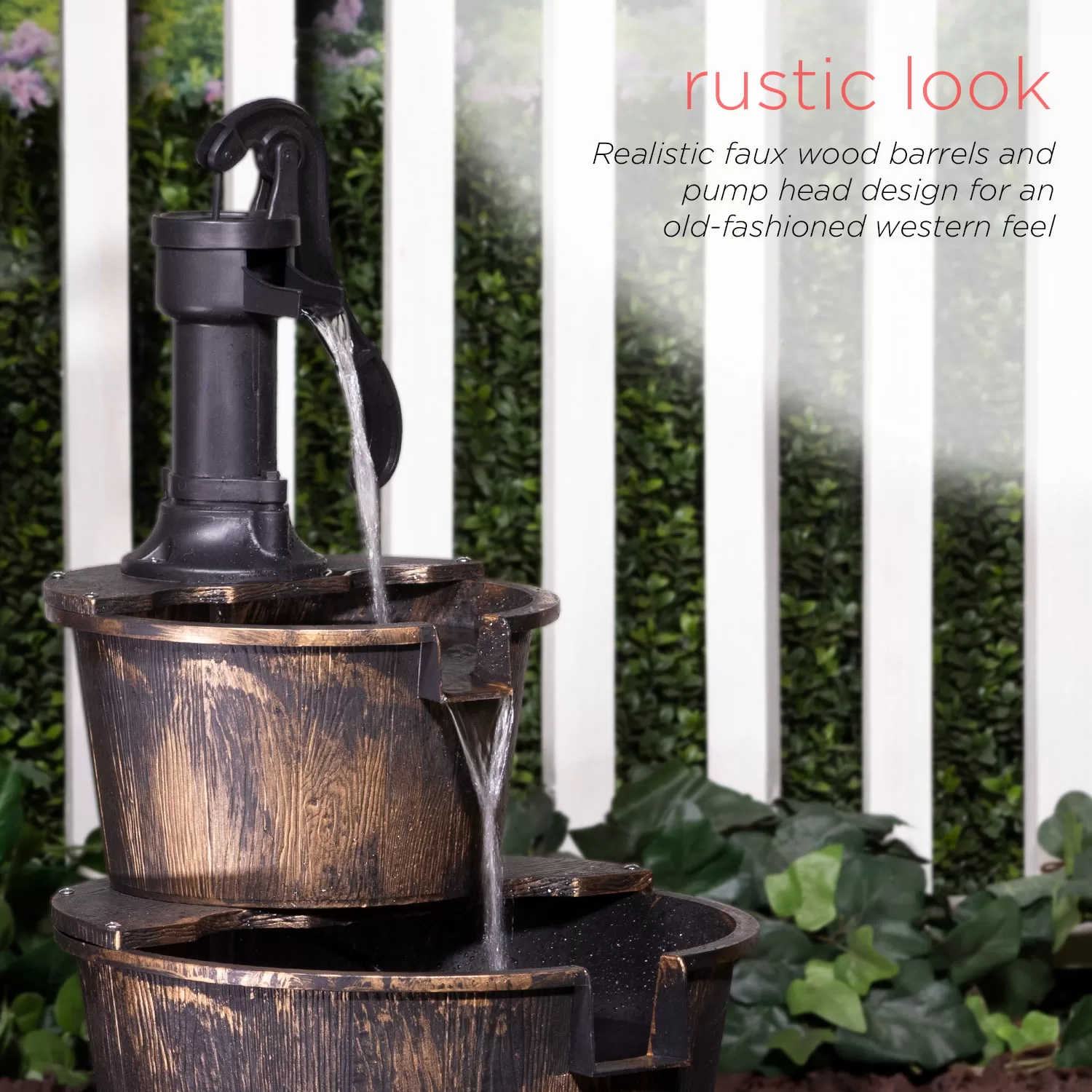 Alpine Corporation 27" Two-Tier Barrel & Pump Outdoor Fountain, Bronze