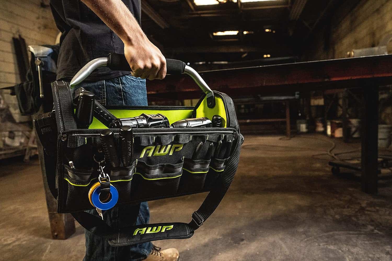 AWP 18 Inch Pro Tool Tote with Rotating Handle for Easy Tool Access, Water-Resistant Construction
