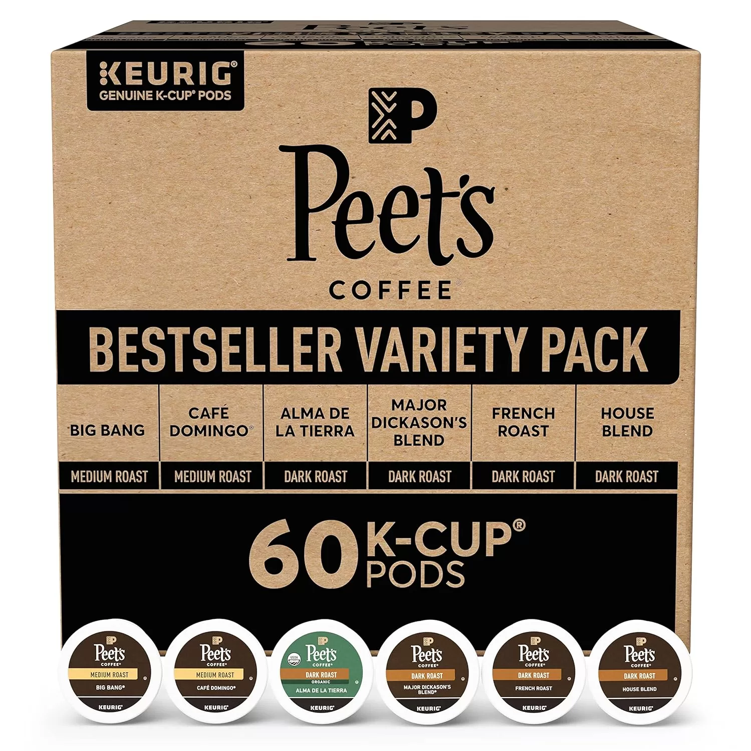 Peet's Coffee, Bestseller's Variety Pack Keurig Coffee Pods, House Blend 60 Count (6 Boxes of 10 K-Cup Pods)