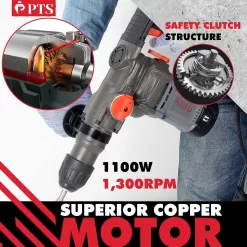 PTS Corded Rotary Hammer Drill 1”26mm 10Amp 110V Combination Rotary Hammer