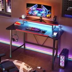 Bestier 50.3" Gaming Desk Computer Office Table with LED Lights & Monitor Stand, Carbon Fiber
