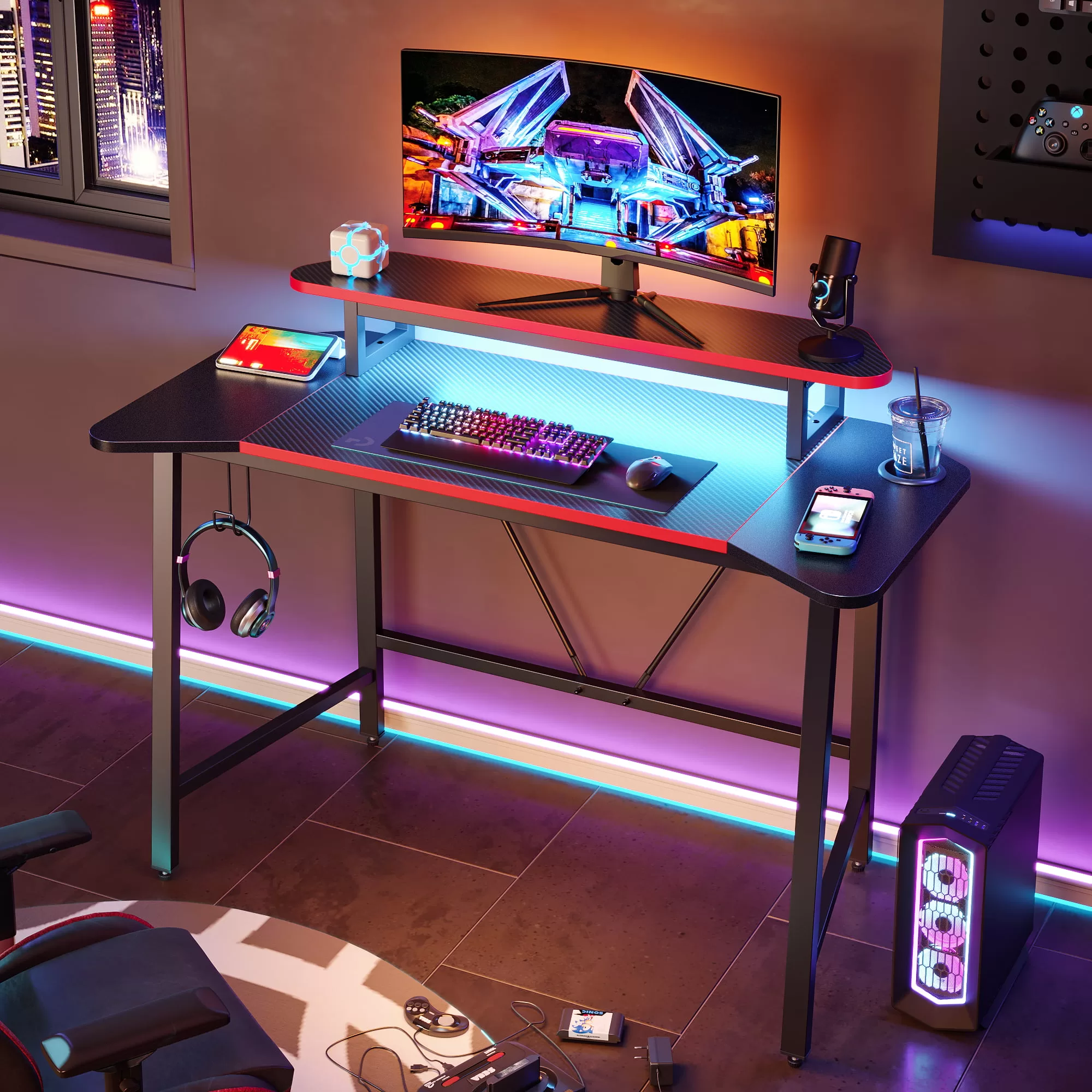 Bestier 50.3" Gaming Desk Computer Office Table with LED Lights & Monitor Stand, Carbon Fiber