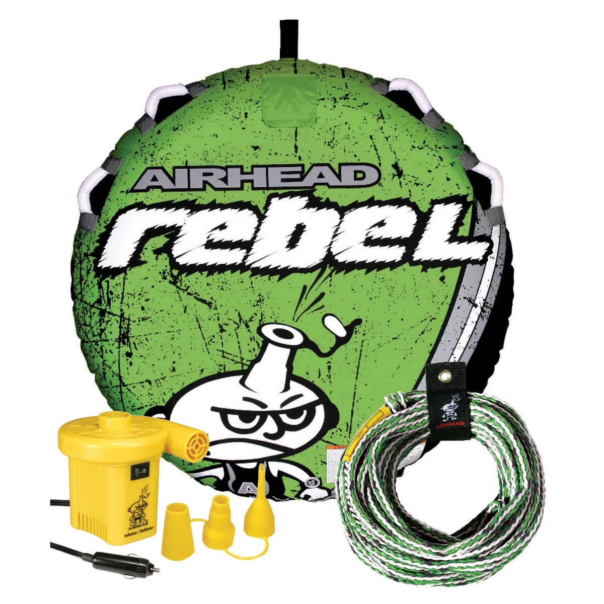 Airhead Rebel Towable Boat Tube Float Kit with Rope & Pump, Heavy-Duty Nylon, Green