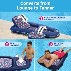 Aqua Campania Ultimate 2-in-1 Pool Float Lounge – Extra Large – Inflatable Pool Floats for Adults with Adjustable Backrest & Cupholder Caddy – Navy Hibiscus