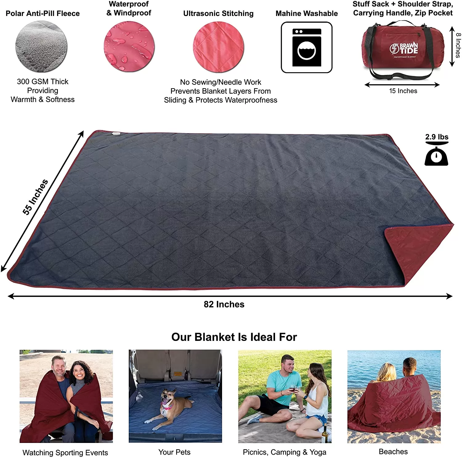 Brawntide Large Outdoor Waterproof Blanket - Quilted, Extra Thick Fleece, Warm