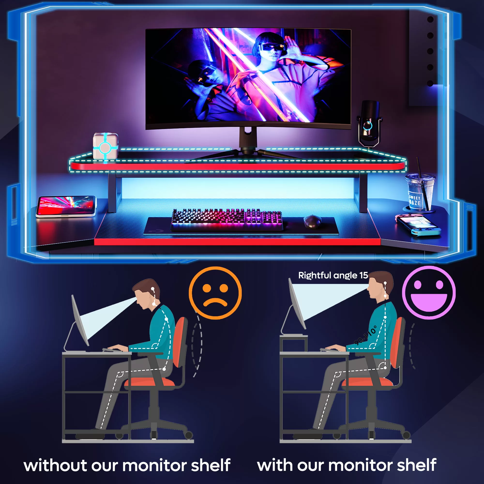 Bestier 50.3" Gaming Desk Computer Office Table with LED Lights & Monitor Stand, Carbon Fiber
