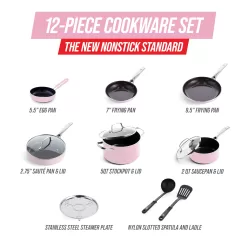 Blue Diamond Toxin-Free Ceramic and Dishwasher Safe 12-Piece Pots and Pans Cookware Set, Pink