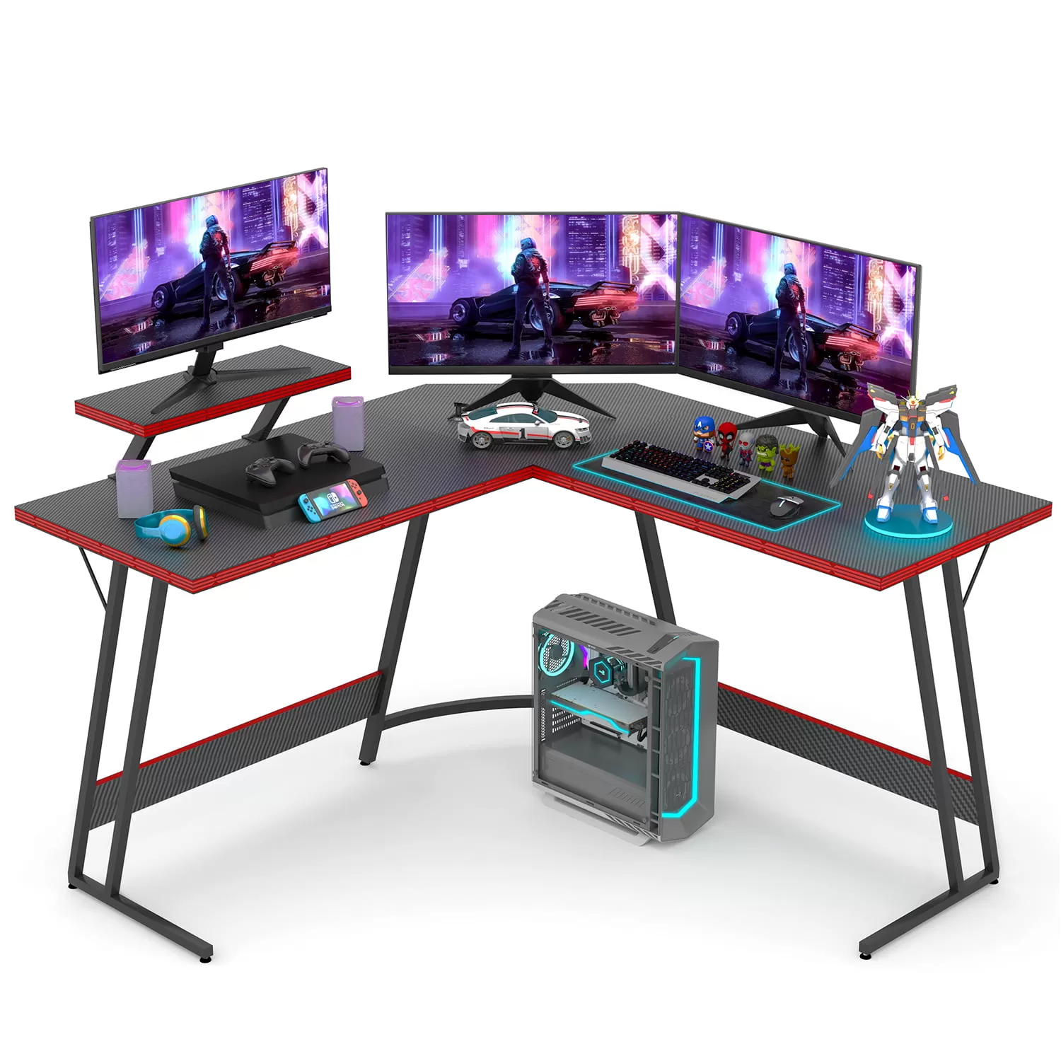 Vineego 51 Inch L-Shaped Gaming Desk Computer Corner Desk PC Gaming Desk Table with Large Monitor Riser Stand,Black