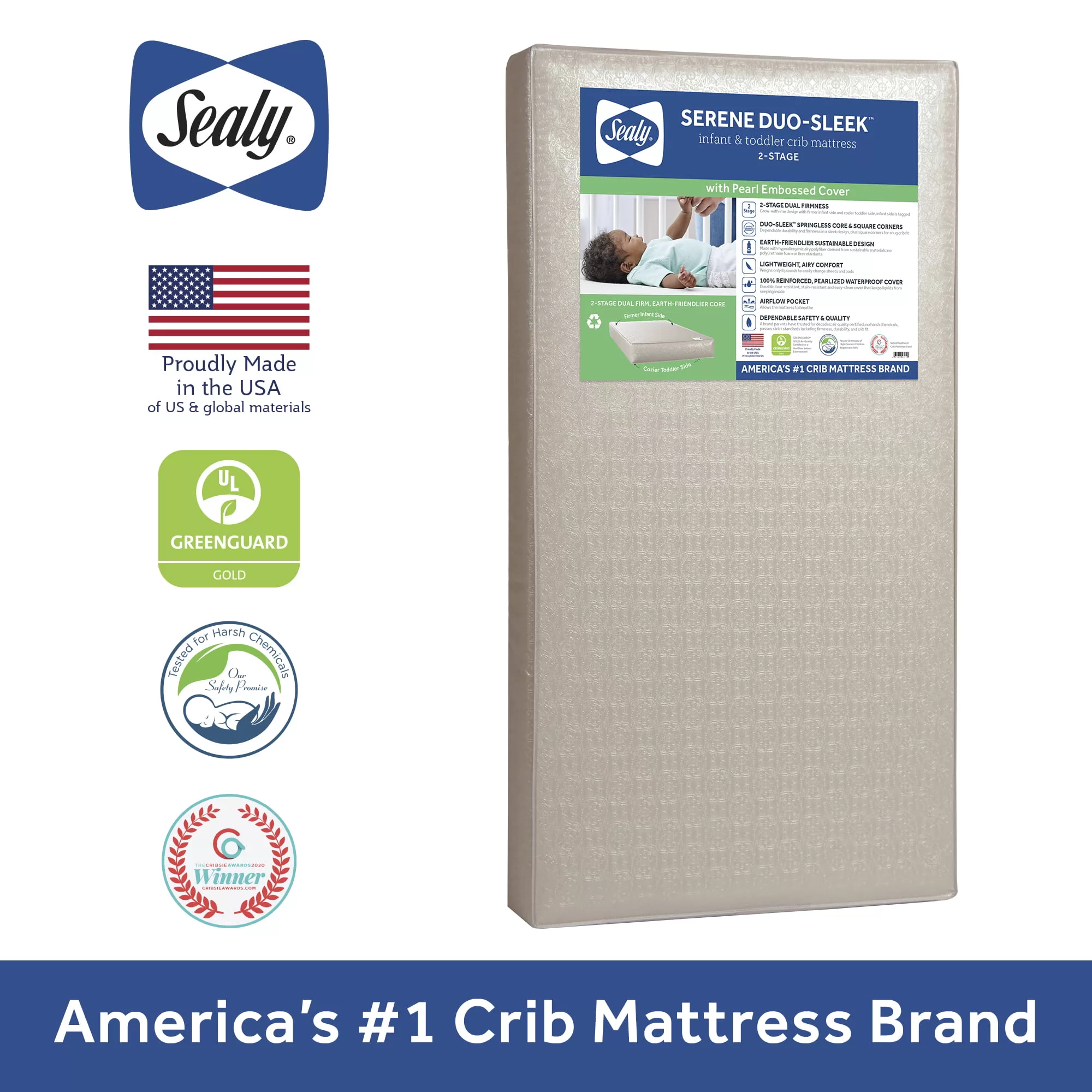 Sealy Serene Duo Sleek 2-Stage, Sustainable Fiber Foam, Crib & Toddler Mattress, 6 inch
