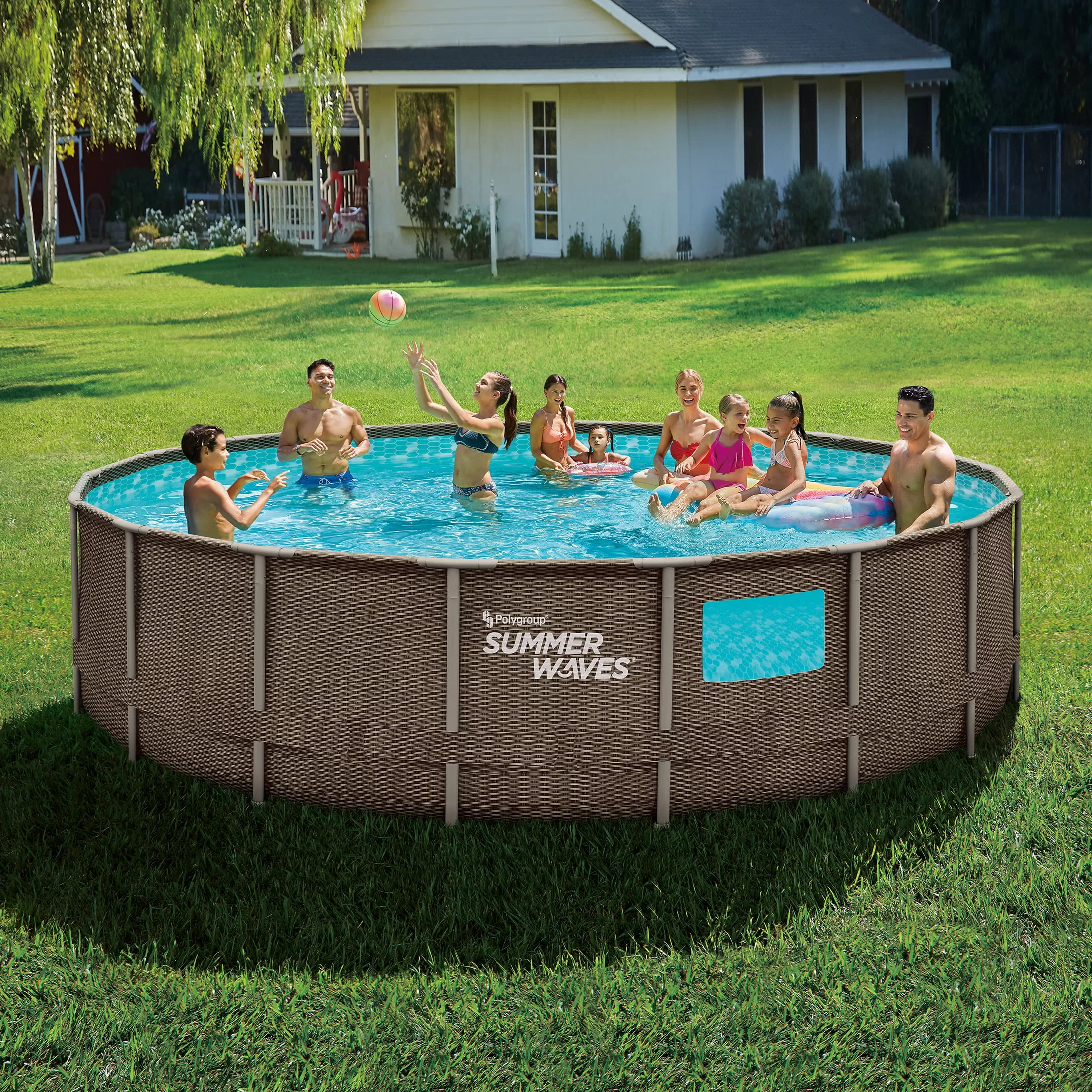 Summer Waves 18 ft Dark Double Rattan Crystal Vue Elite Frame Pool, Round, Ages 6+, Unisex