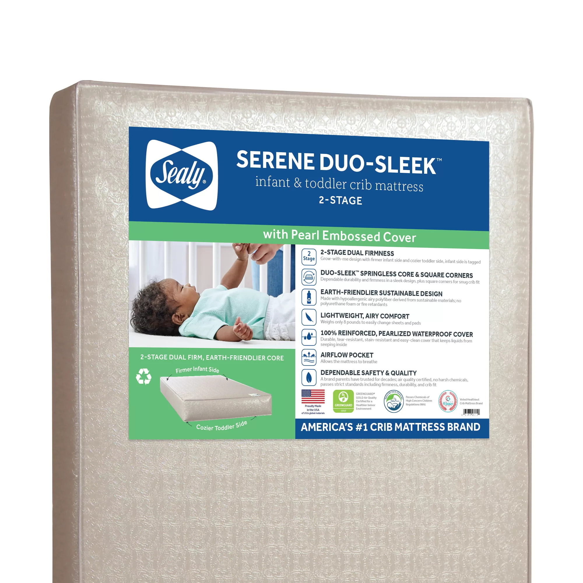 Sealy Serene Duo Sleek 2-Stage, Sustainable Fiber Foam, Crib & Toddler Mattress, 6 inch