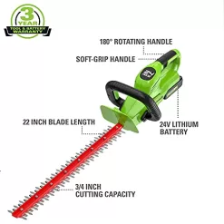 Greenworks 24V 22" Hedge Trimmer with 15Ah Battery and Charger, 2205402