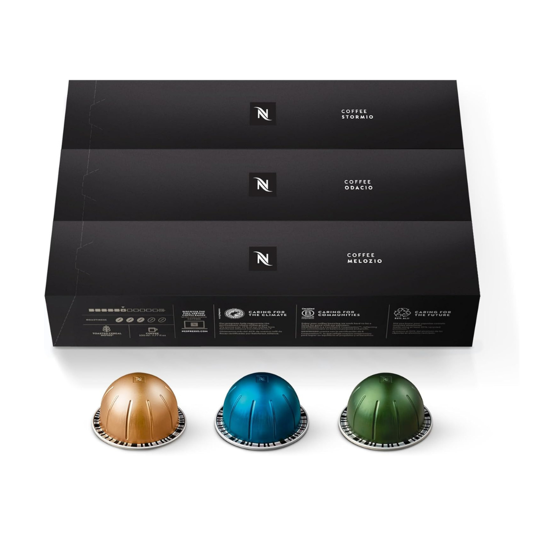 Nespresso Capsules VertuoLine, Medium and Dark Roast Coffee, Variety Pack, Stormio, Odacio, Melozio, 30 Count, Brews 7.77 Fl Oz (Pack of 3)