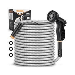Metal Garden Hose 100FT, Stainless Steel Heavy Duty Water Hose With 10 Function Nozzle