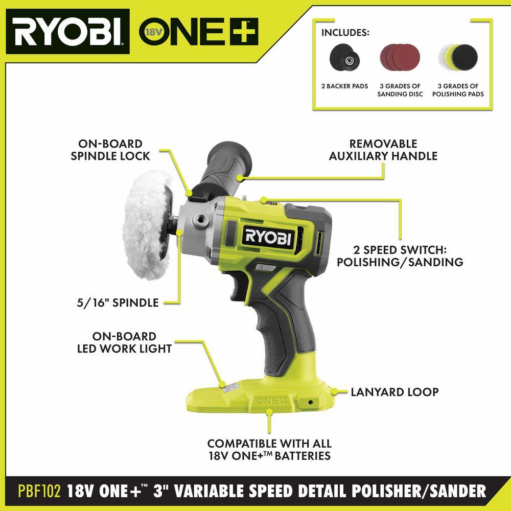 RYOBI ONE 18V Cordless 3 in. Variable Speed Detail Polisher/Sander Tool Only PBF102B PBF102B - Image 2