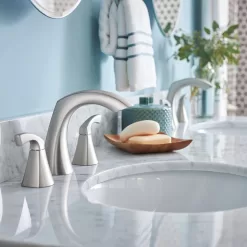 Moen Lindor Spot Resist Brushed Nickel Widespread 2-handle WaterSense Bathroom Sink Faucet with Drain