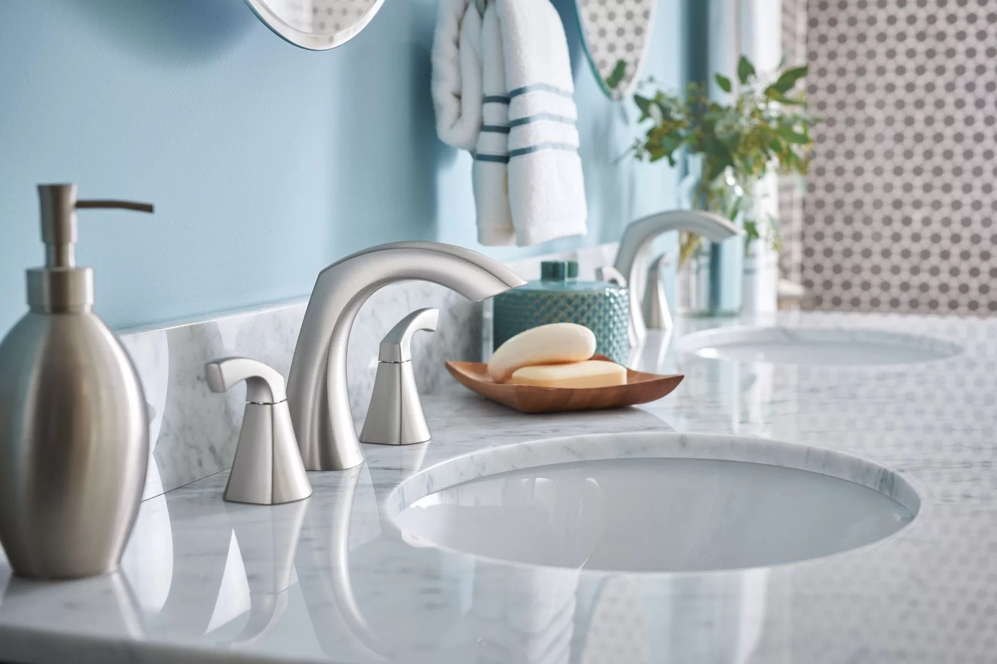 Moen Lindor Spot Resist Brushed Nickel Widespread 2-handle WaterSense Bathroom Sink Faucet with Drain