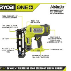 RYOBI P326-PBP006 ONE+ 18V 16-Gauge Cordless AirStrike Finish Nailer with 2.0 Ah Battery
