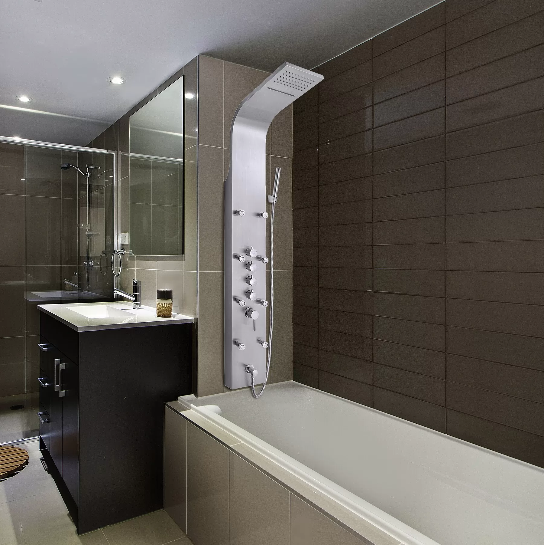 AKDY Stainless Steel Dual Head Waterfall Shower Panel System with 3-way Diverter Valve Included