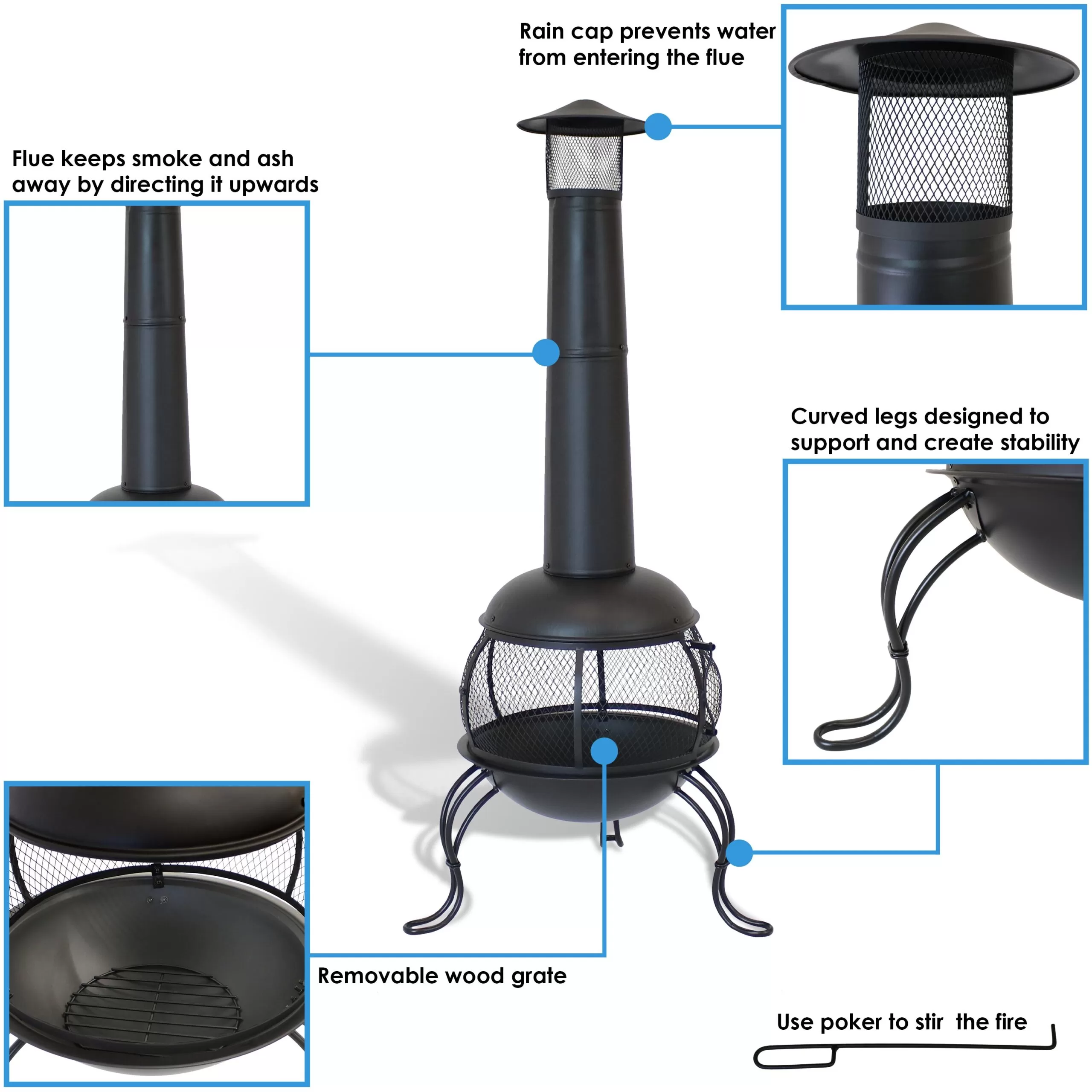 Sunnydaze Decor 66-in H x 28-in D x 31-in W Black Steel Chiminea