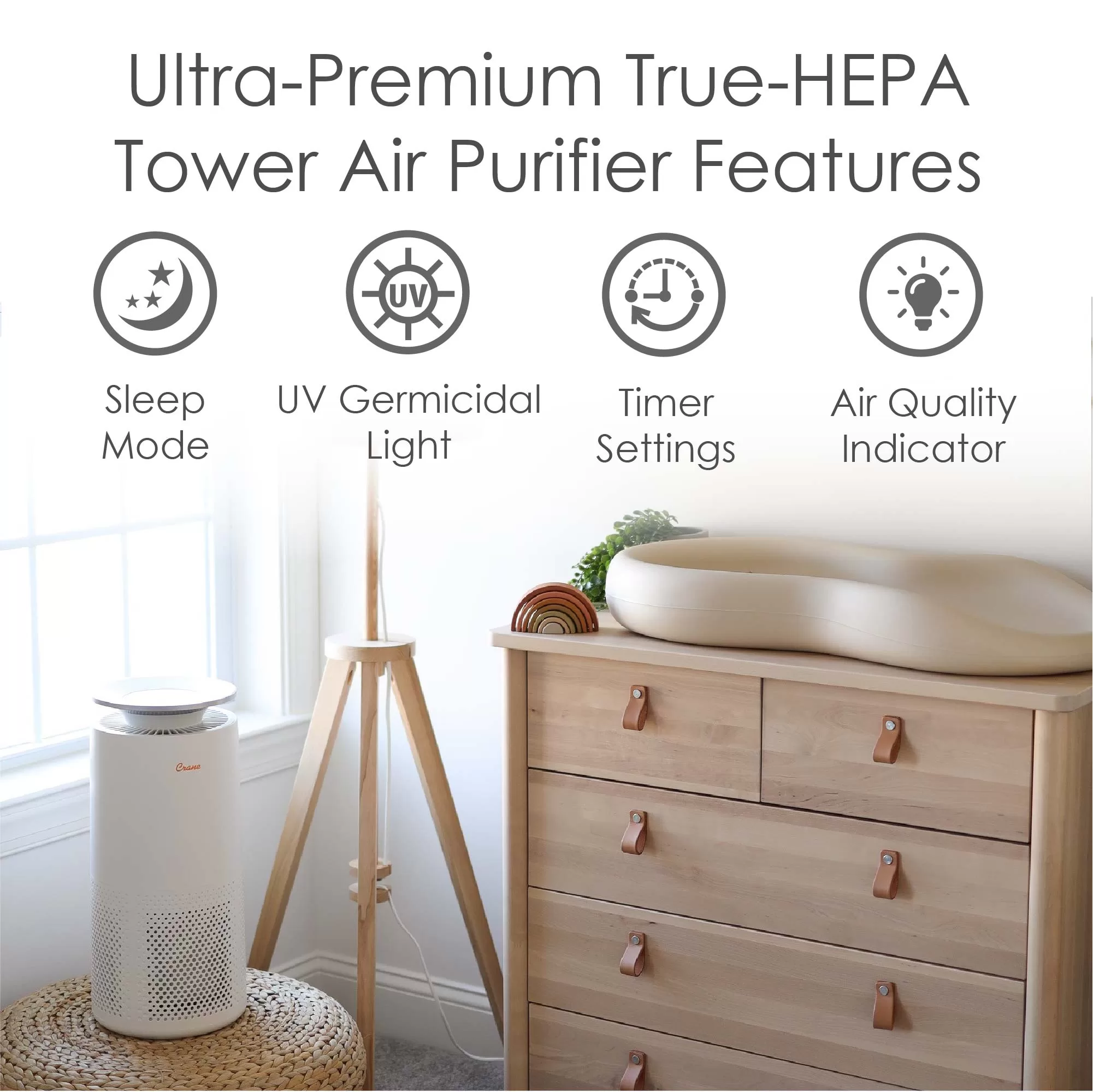Crane 4-Speed White True HEPA and Uv Air Purifier (Covers: 500-sq ft)