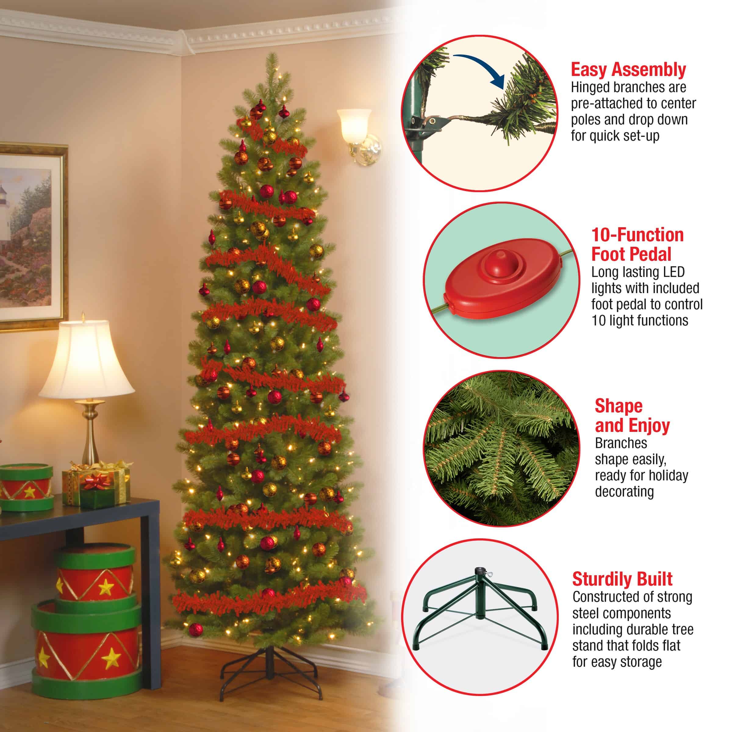 National Tree Company PEDD4-392D-65 6.5 ft. Downswept Douglas Pencil Slim Fir Artificial Christmas Tree with Dual Color LED Lights - Image 7