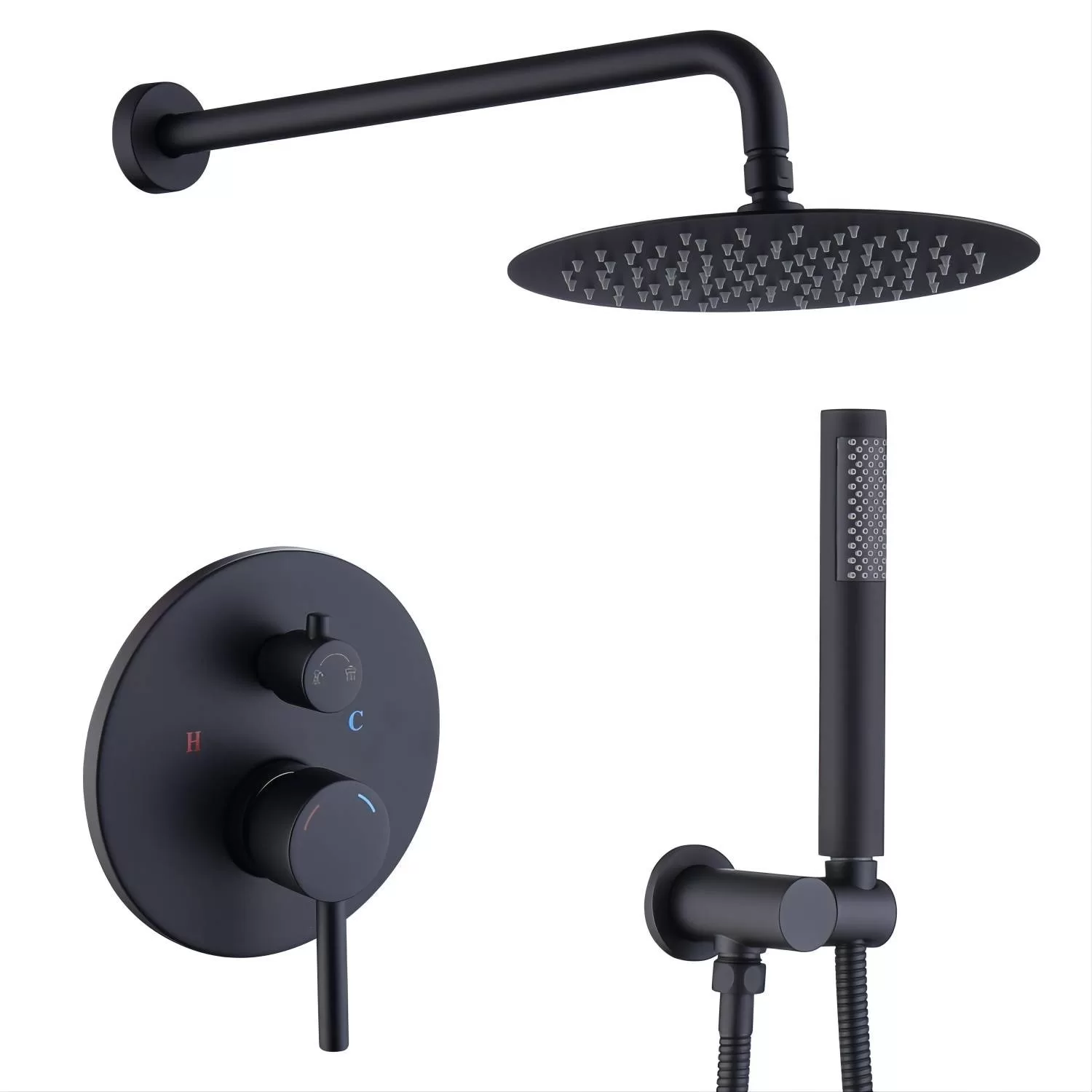 WELLFOR 10-in Rain Shower System Matte Black Dual Head Waterfall Built-In Shower Faucet System with 2-way Diverter Valve Included