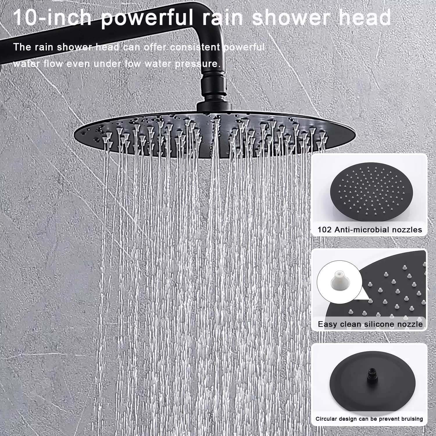WELLFOR 10-in Rain Shower System Matte Black Dual Head Waterfall Built-In Shower Faucet System with 2-way Diverter Valve Included