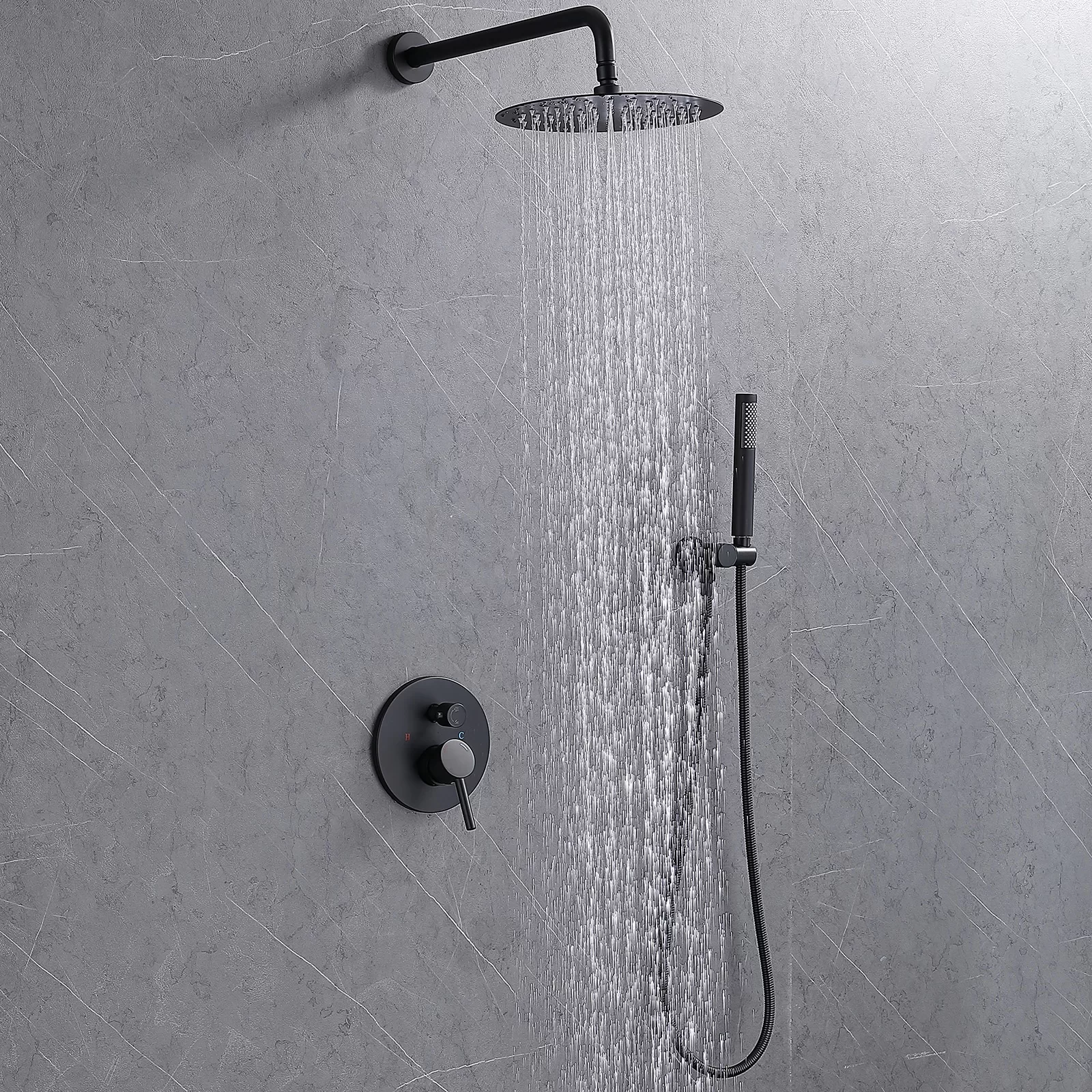 WELLFOR 10-in Rain Shower System Matte Black Dual Head Waterfall Built-In Shower Faucet System with 2-way Diverter Valve Included