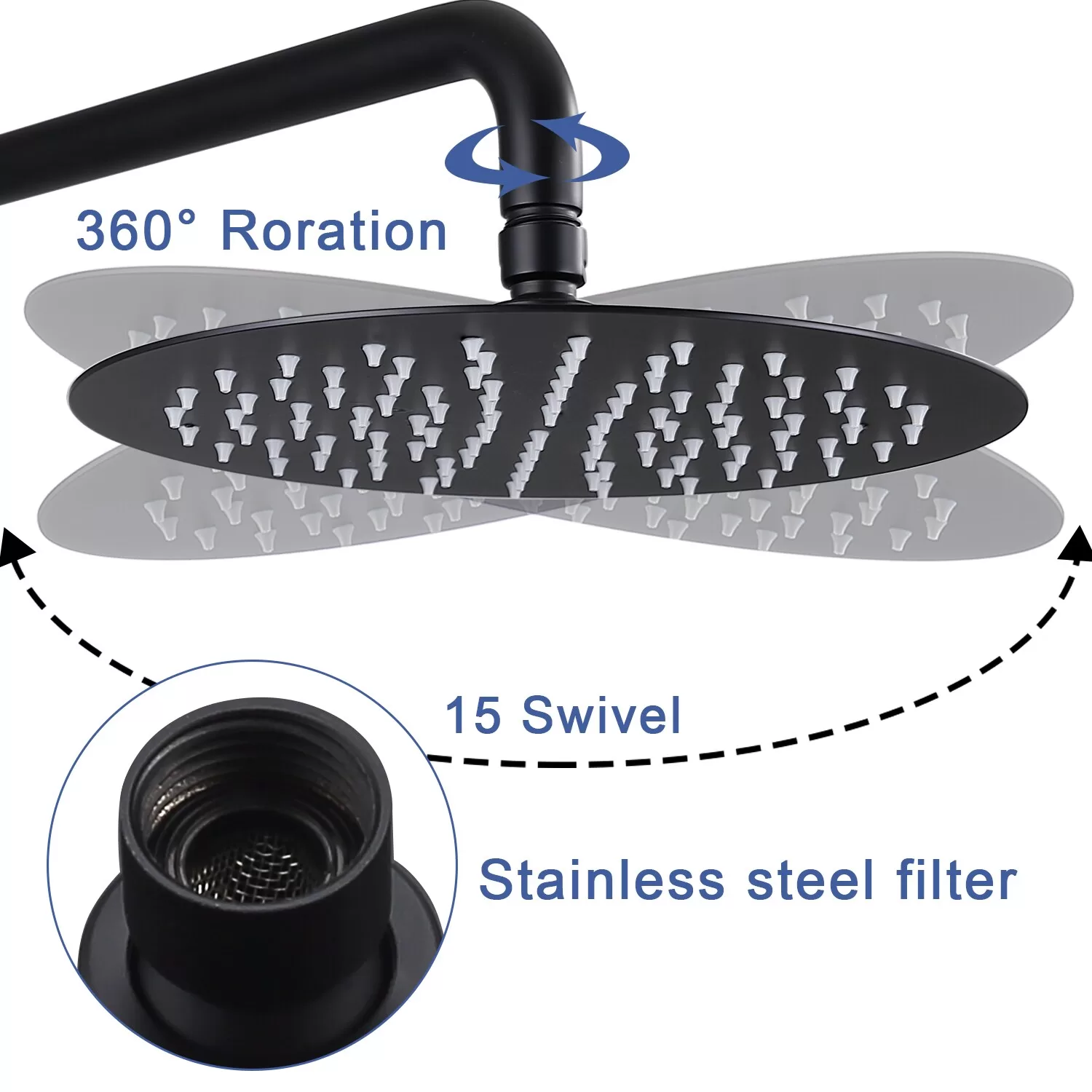 WELLFOR 10-in Rain Shower System Matte Black Dual Head Waterfall Built-In Shower Faucet System with 2-way Diverter Valve Included