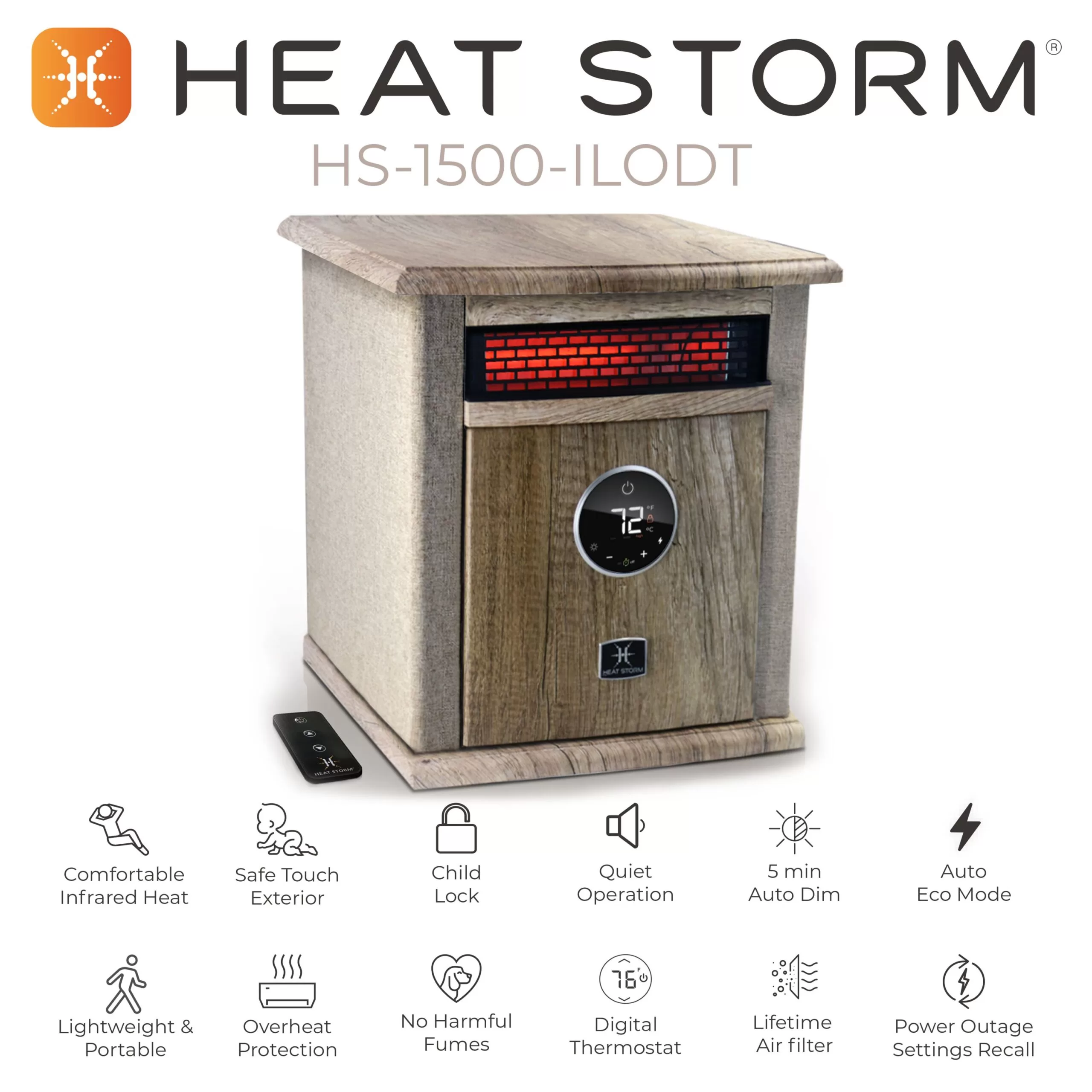 Heat Storm Up to 1500-Watt Infrared Cabinet Indoor Electric Space Heater with Thermostat and Remote Included