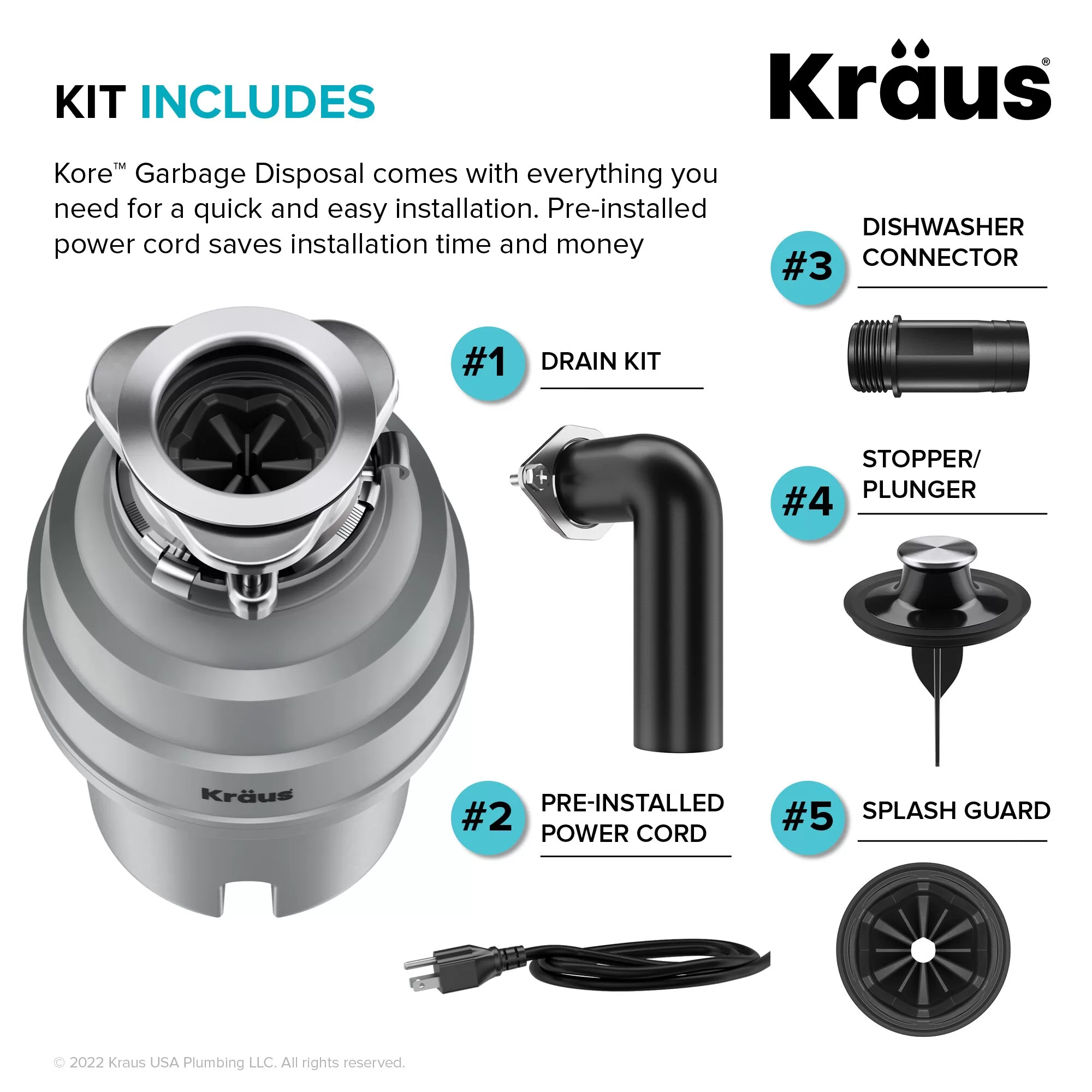 Kraus Kore Corded 3/4-HP Continuous Feed Noise Insulation Garbage Disposal