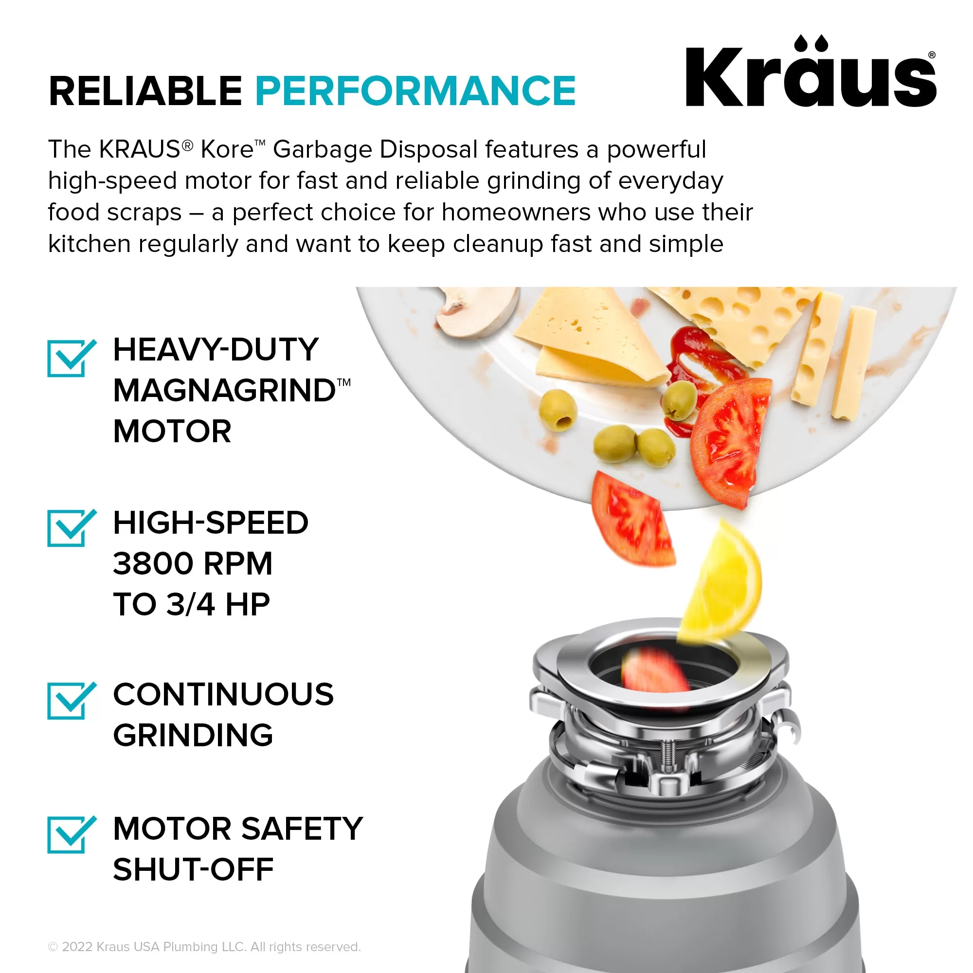 Kraus Kore Corded 3/4-HP Continuous Feed Noise Insulation Garbage Disposal