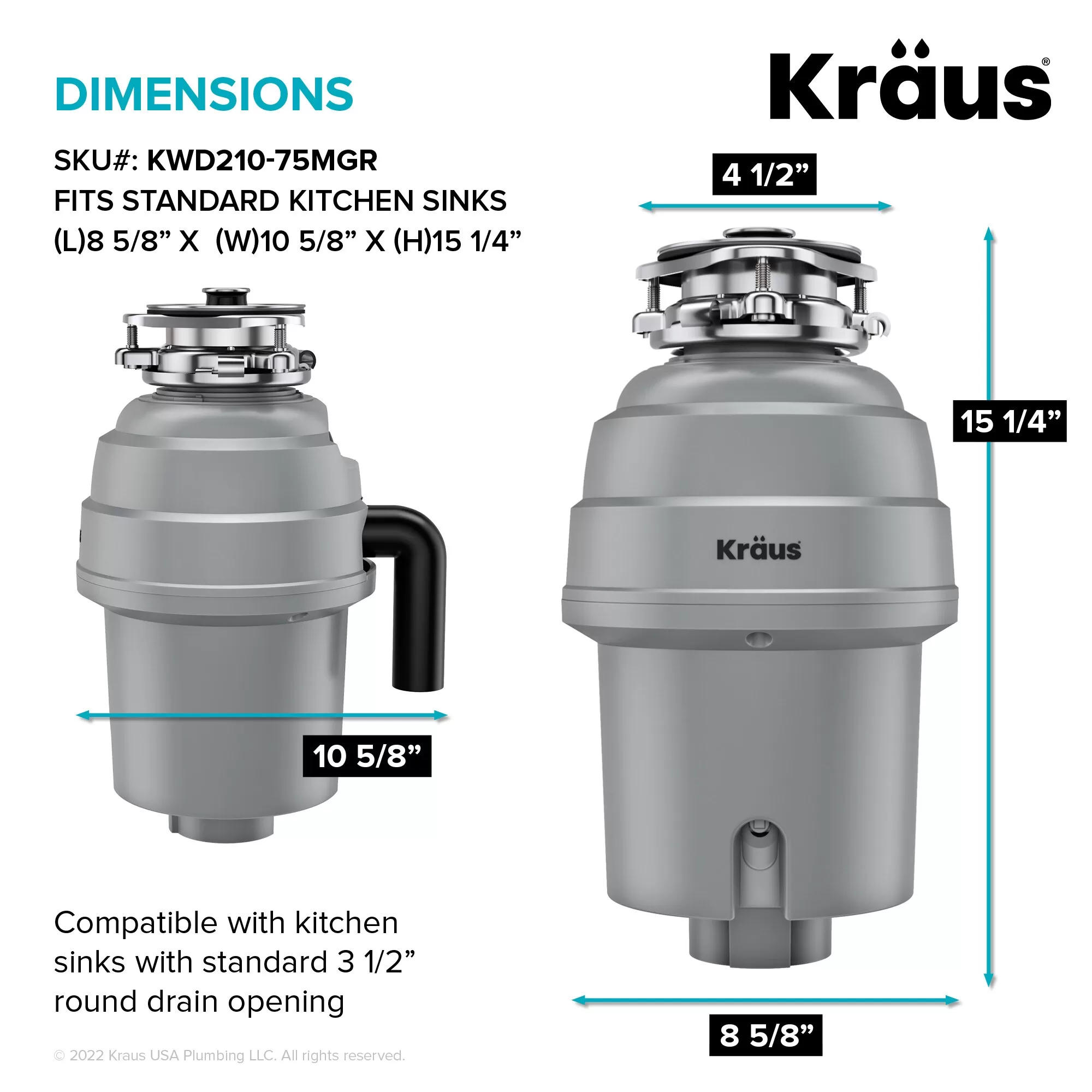 Kraus Kore Corded 3/4-HP Continuous Feed Noise Insulation Garbage Disposal