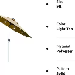 Sunnyglade 9' Solar LED Lighted Patio Umbrella with 8 Ribs/Tilt Adjustment and Crank Lift System (Light Tan)