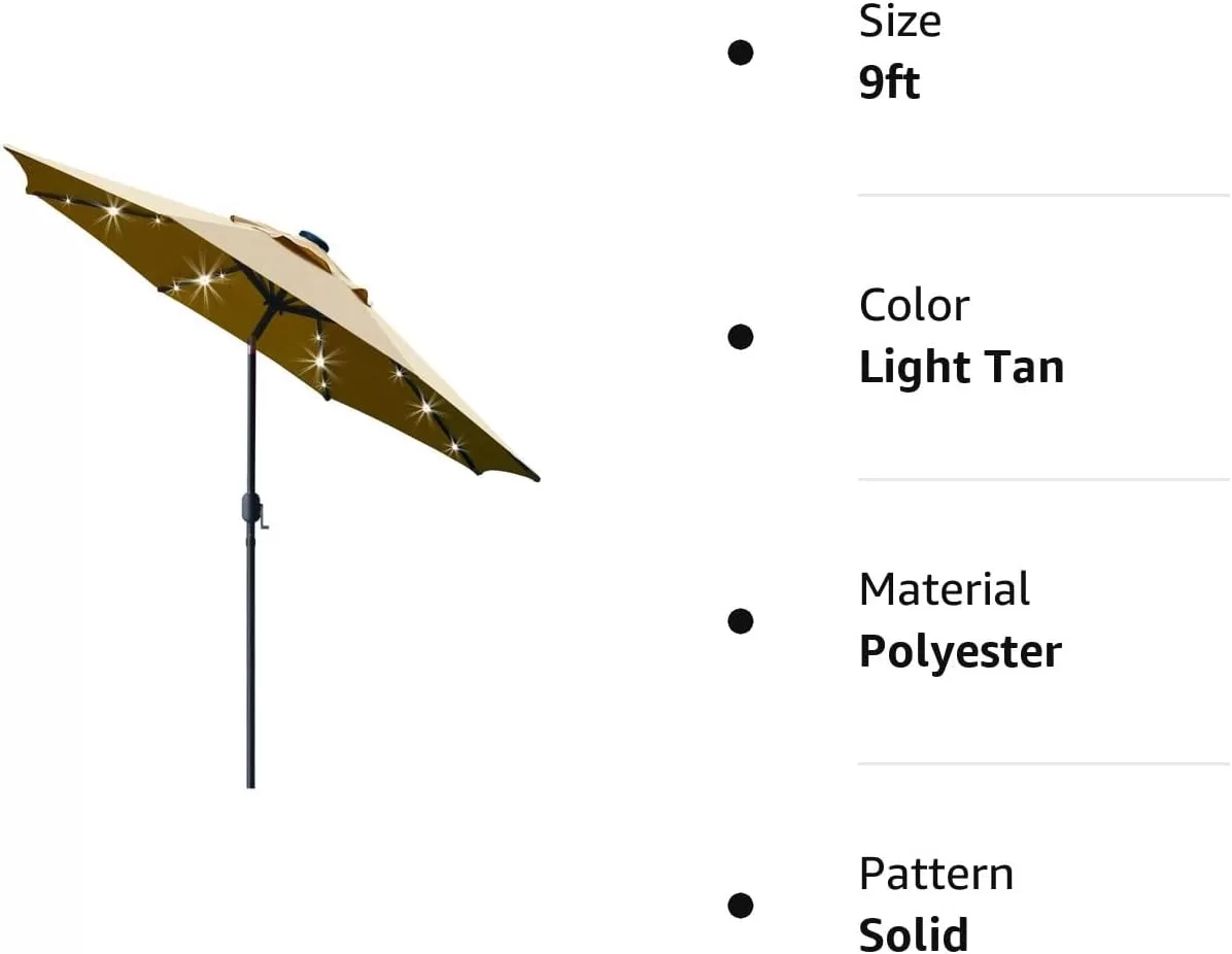 Sunnyglade 9' Solar LED Lighted Patio Umbrella with 8 Ribs/Tilt Adjustment and Crank Lift System (Light Tan)