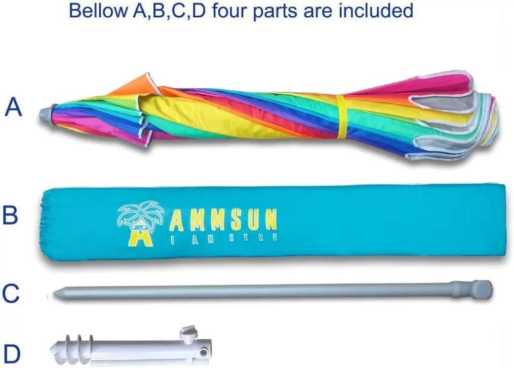 AMMSUN 7.5ft Heavy Duty HIGH Wind Beach Umbrella with sand anchor & Tilt Sun Shelter (Rainbow)