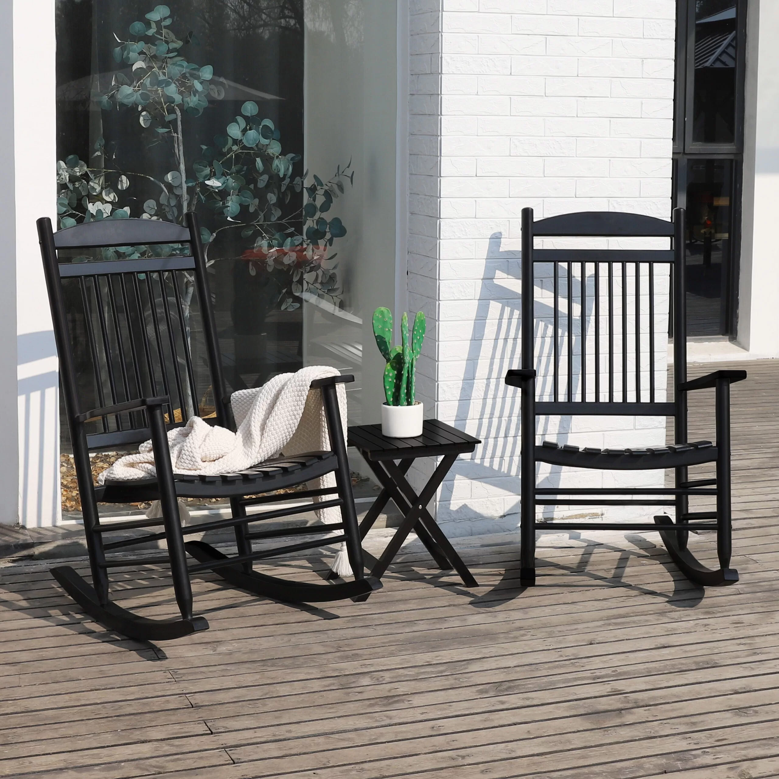 VEIKOUS 2 Black Wood Frame Rocking Chair(s) with Slat Seat